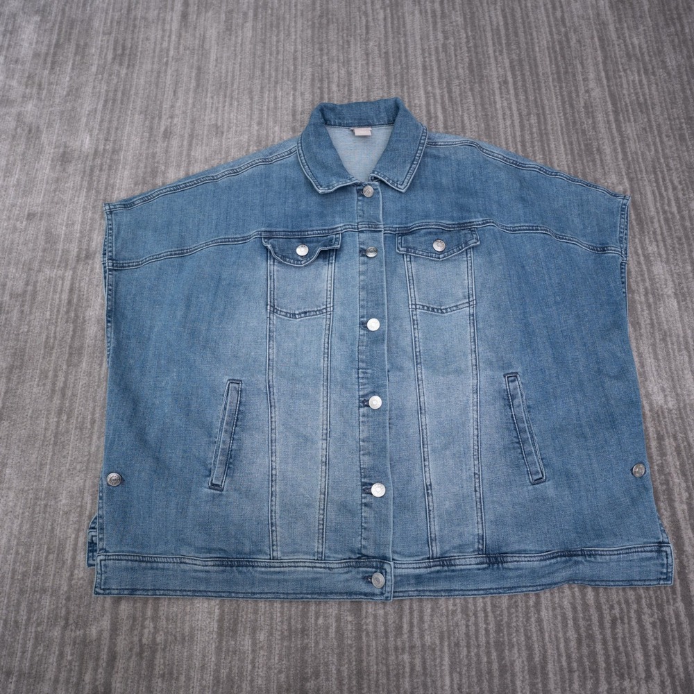 Chico's Denim Vest Women L/XL Blue Excellent Oversized Button Up Sleeveless